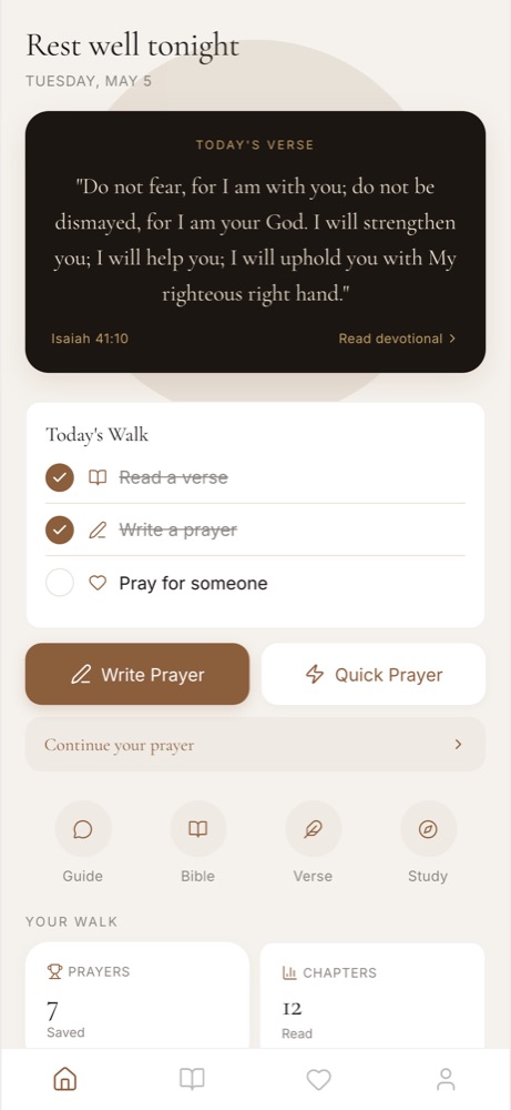 The Letter To God home screen, showing today's verse and today's walk