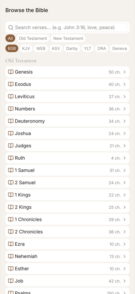 Browsing the Bible inside the app
